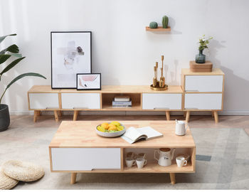 Solid Wood TV Cabinet Tea Table Combination Apartment Custom Furniture Living Room Floor Cabinet